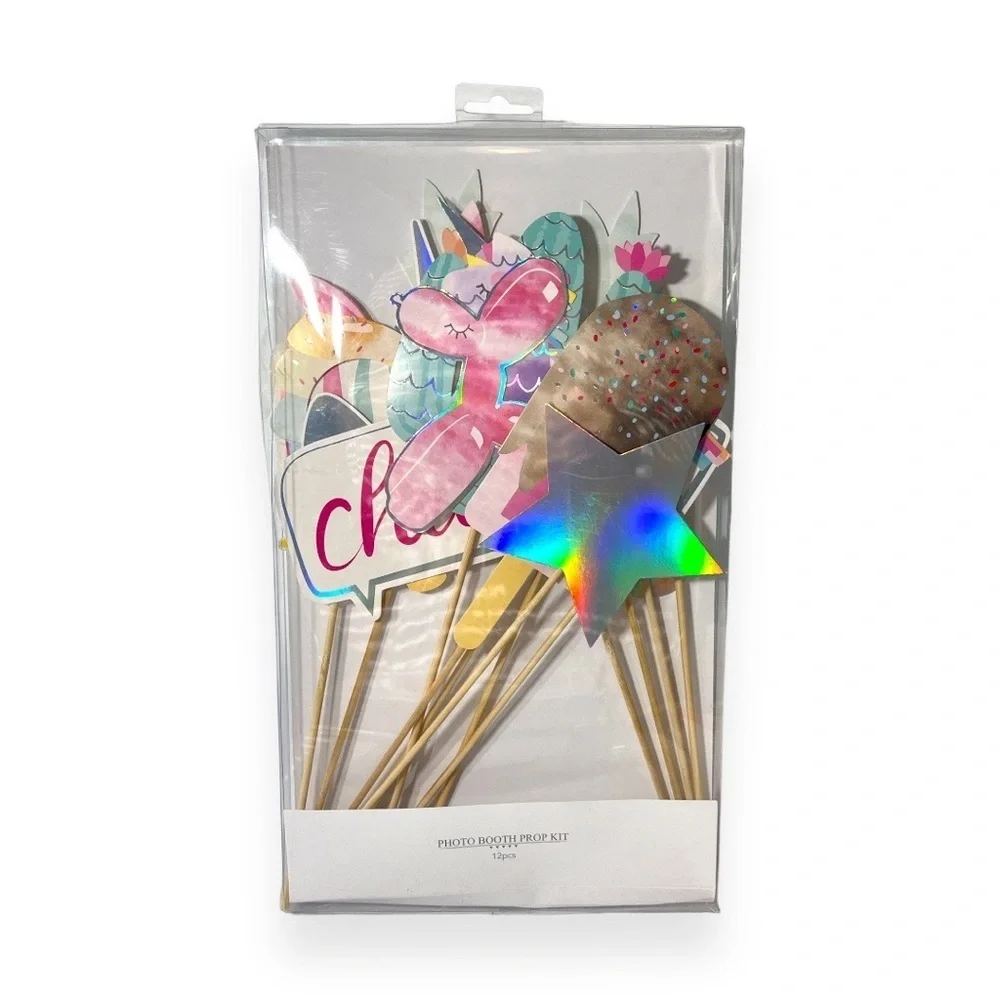 Pastel‎ Unicorn Party Decorations Picks Fans Photo Booth Tag Kit Stickers Stamp